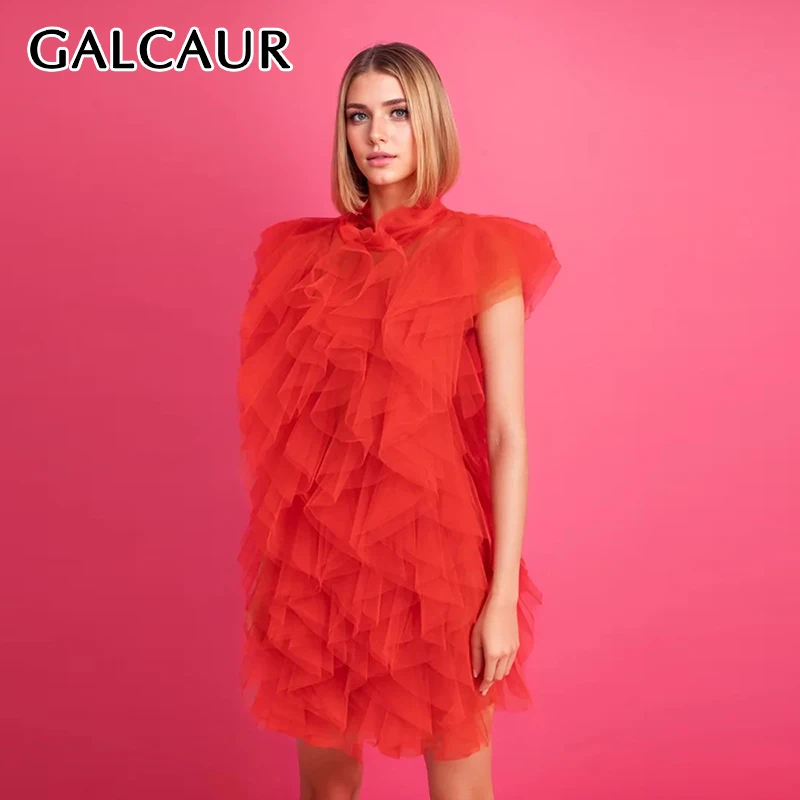 

GALCAUR Patchwork Ruffles Solid Dresses For Women Round Neck Sleeveless High Waist Elegant Minimalist Fashion Dress Female New