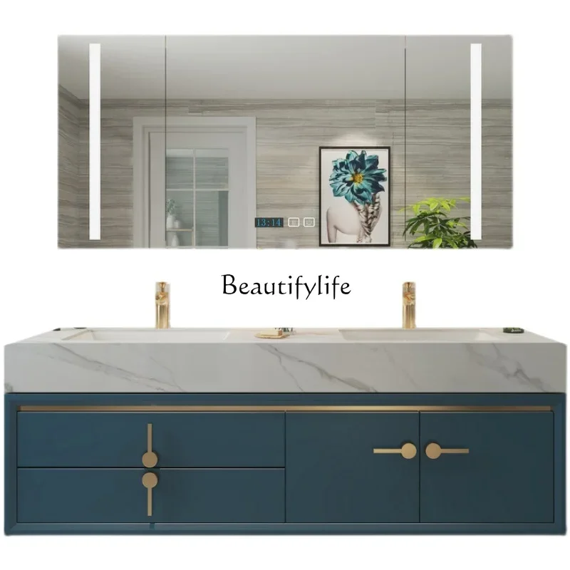 

LJYSolid wood light luxury bathroom cabinet double basin sink integrated basin cabinet combination double rock slab