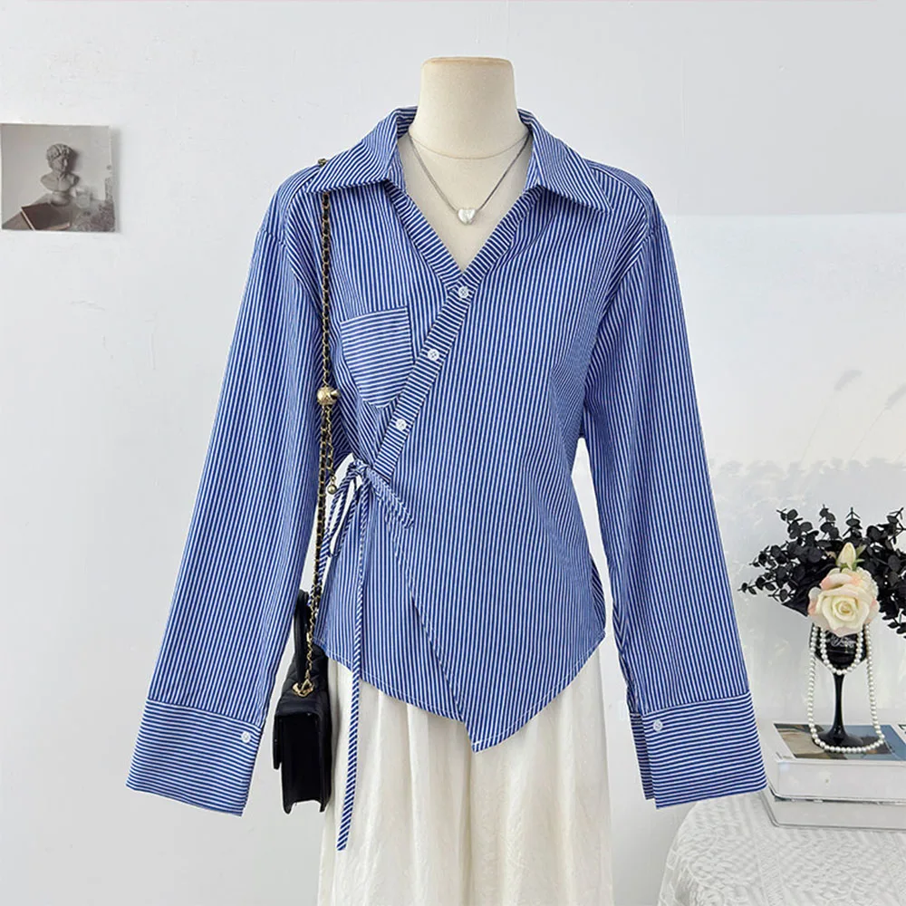 

Stripe Pattern Color Block Design Womens Shirt V Neck Single Button Tie Top New Spring Summer Loose Fit Blouse Womens Clothing