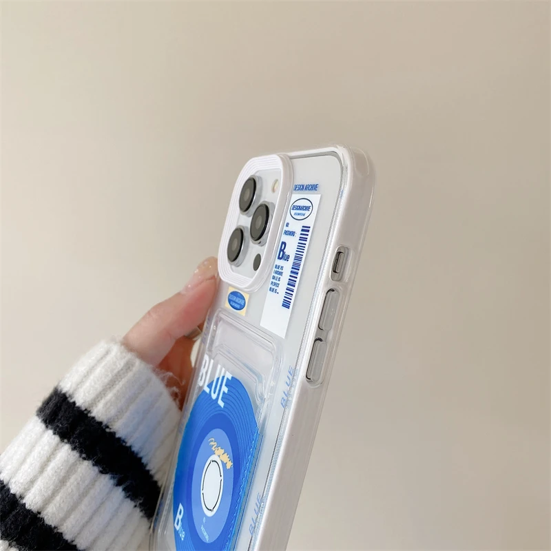 INS Korean Cute Cartoon Blue CD Card Bag Phone Case For iPhone 15 ProMax 11 12 13 14 Pro Max X 7 8 Shockproof Soft Back Cover