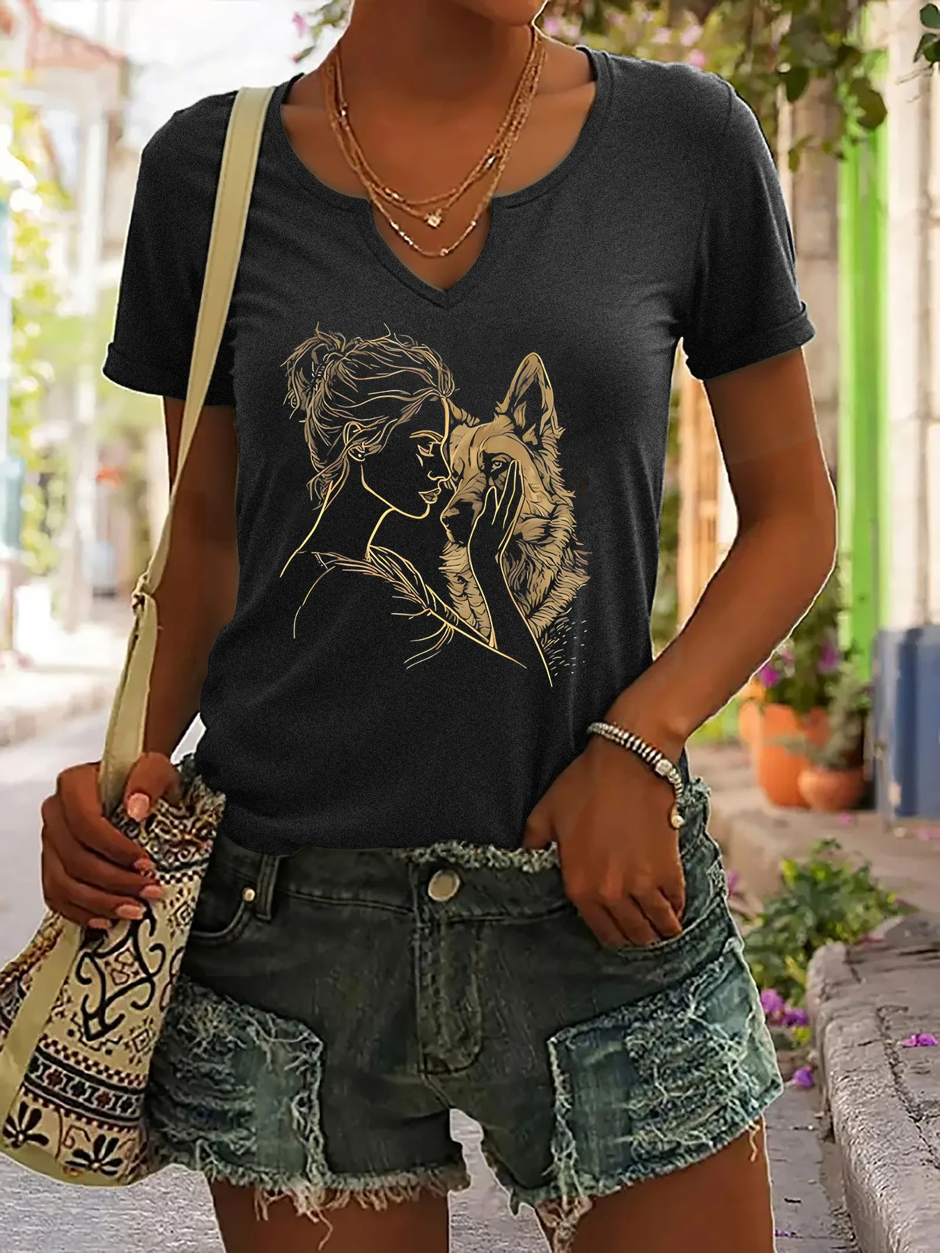 Women's V-Neck Girl & Wolf Graphic Tee, Minimalist Line Art Print T-Shirt, Casual Short Sleeve Daily Fashion Top