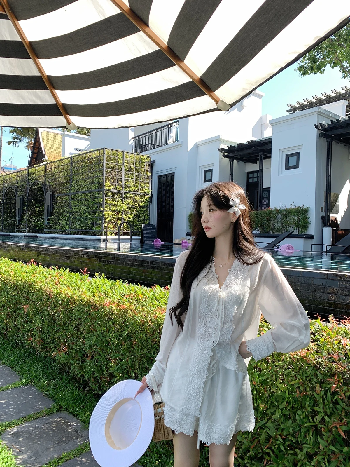 

YOLI White 100% Lyocell Women's Casual V-neck Shirt Set with Shorts Spring Fashion Comfortable Breathable Long Sleeve Shirt