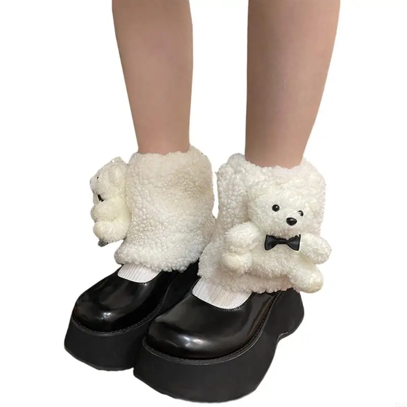 T21f peluda bota punhos para mulheres inverno 3d urso bonecas fuzzy pelúcia polainas velo bota toppers meias sem pé