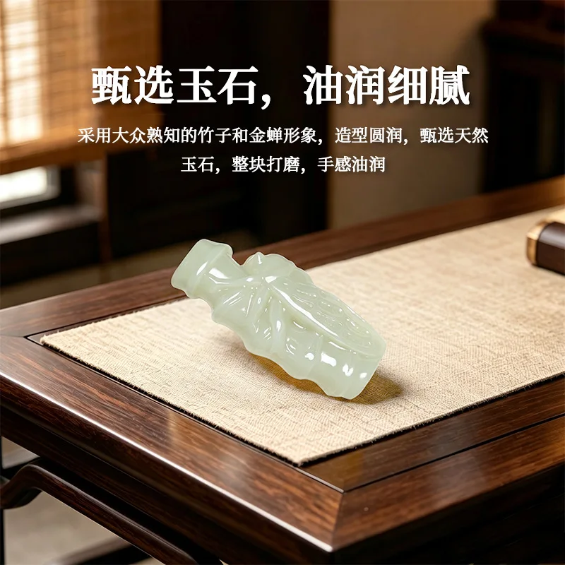 Natural green jadeite handpiece, jade bamboo pendant, golden cicada pendant, necklace, handpiece, stunning pendant, collectible