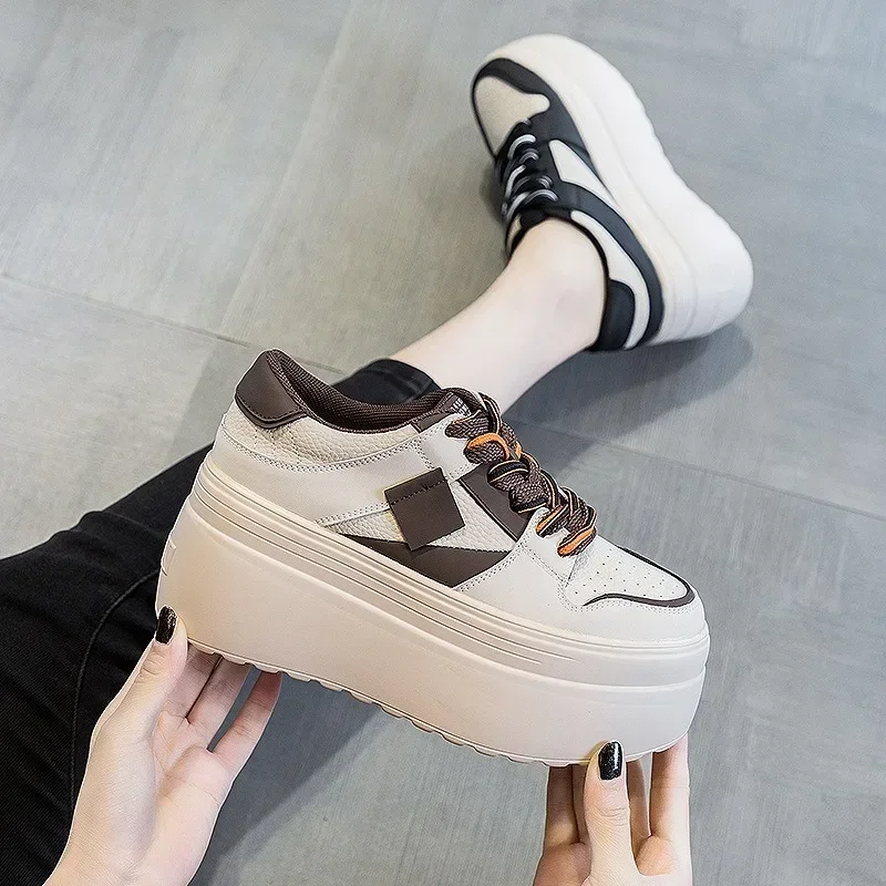 8cm Casual Platform Wedge Hiden Heel Genuine Leather Shoes Chunky Sneakers Vulcanized Women Spring Autumn Loafers Mixed Color