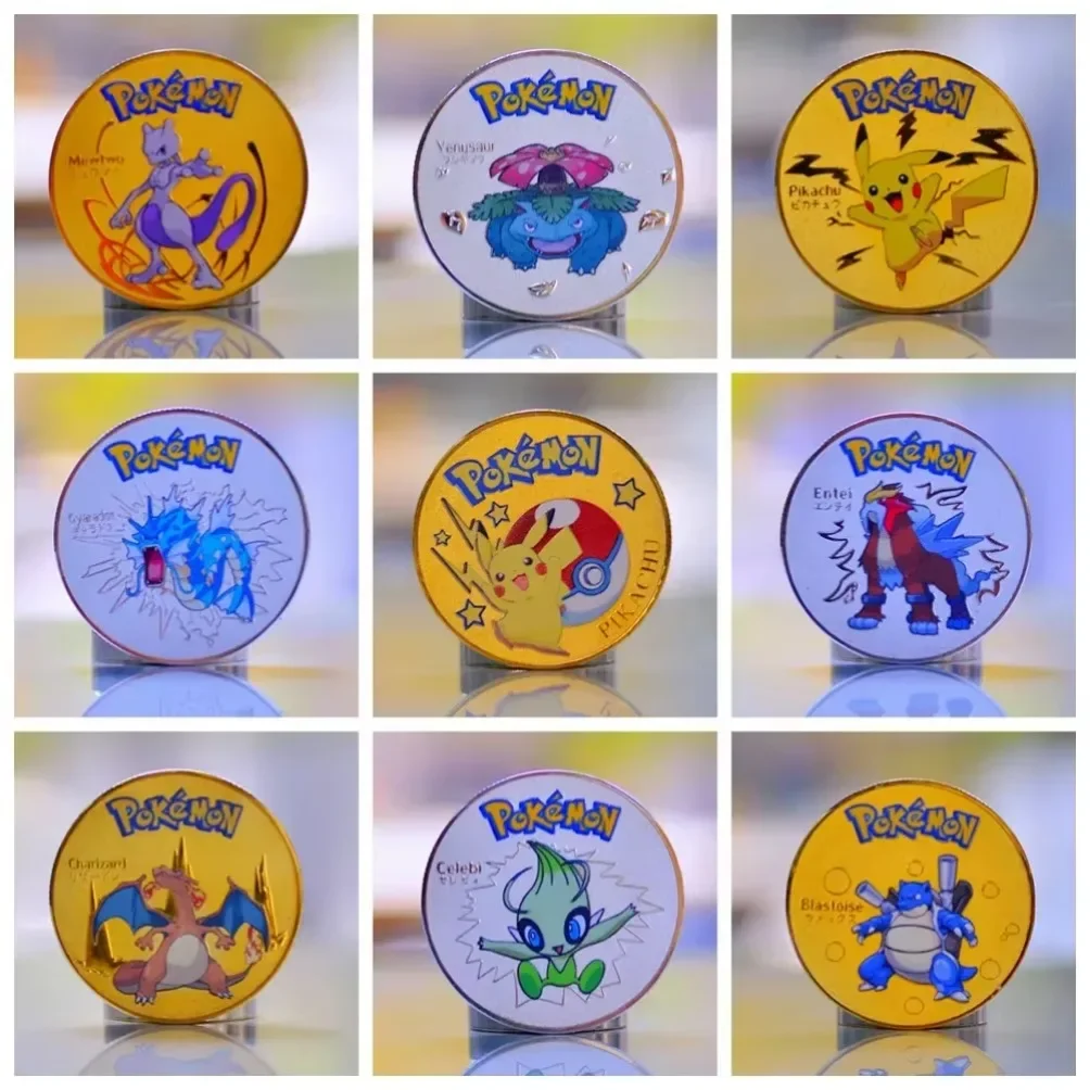 Pokemon Coine Metal Pokémon Coins Silver Charizard Vmax Anime Commemorative Coin Mewtwo Pikachu Golden Iron Cards Games Kid Toys