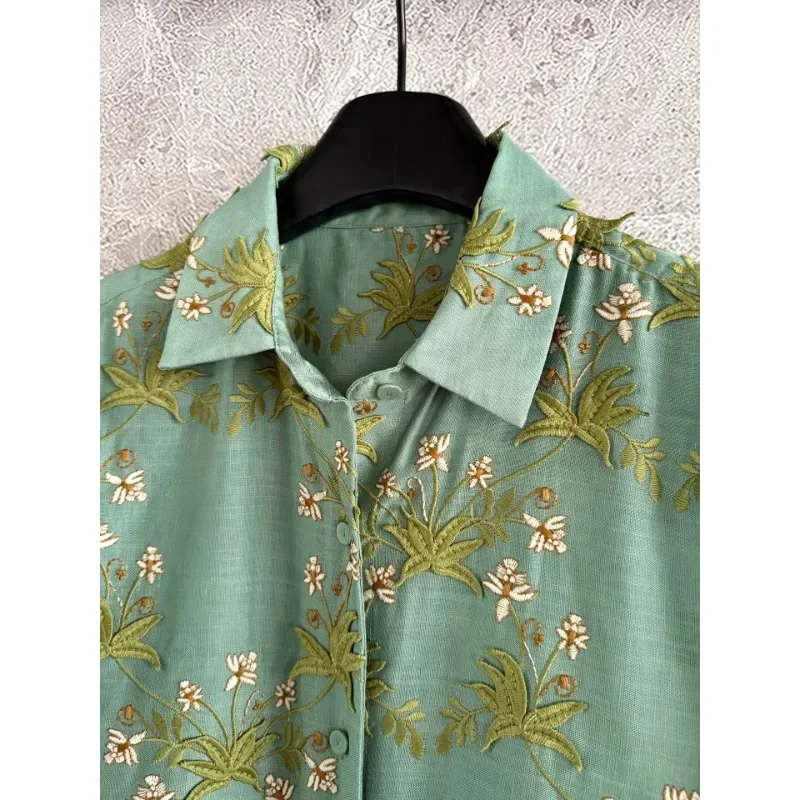 

Blouse Tops 2025 Linen Green Floral Embroidery Short Sleeve
