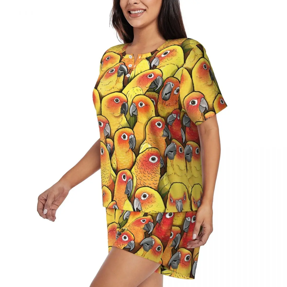 Custom Print Women's Sun Conures Squad Pajamas Set Short Sleeve Parrot Birds 2 Piece Sleepwear Pj Lounge Sets