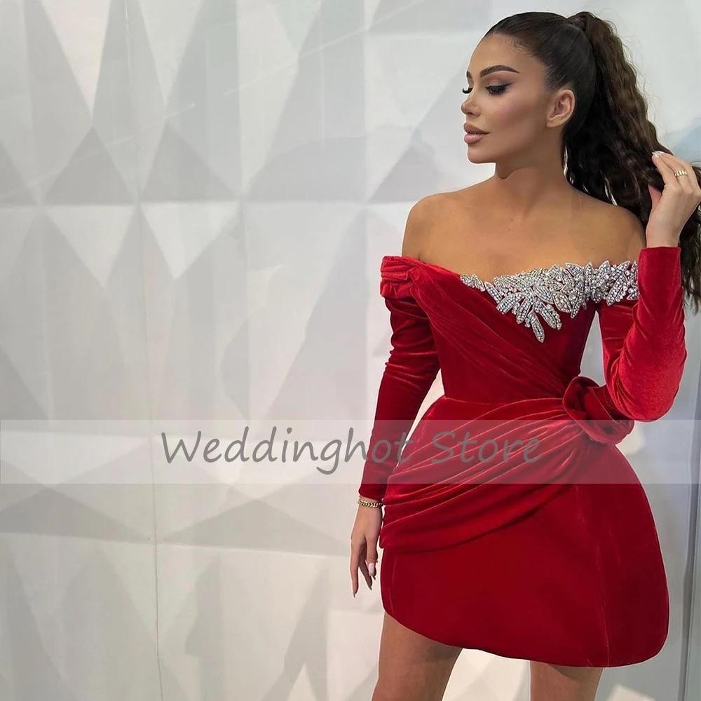 Red Velvet Cocktail Dress Mini Off the Shoulder Long Sleeves  Gown Short Sparkle Crystal A Line Sexy Birthday Party