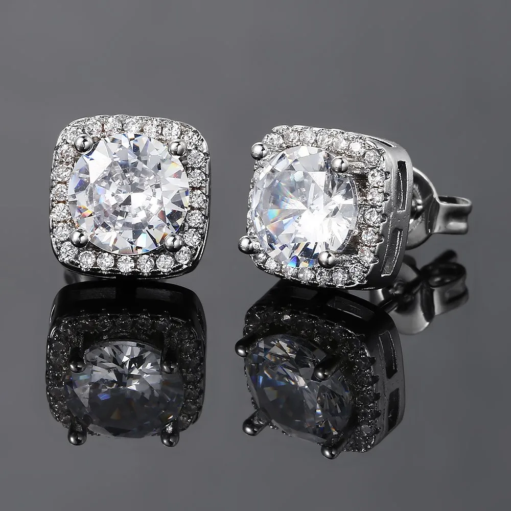 

Luxury Style Iced Out Stud Earrings For Women Classic Shiny Silver Color Full Zircon Hip Hop Rock Ear Jewelry Boy Gifts Trendy