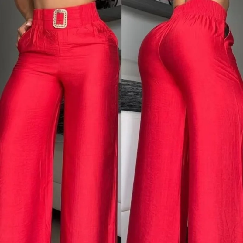 Women All Season Solid High Waist Wide Leg Flare Pants Elastic Waist Loose Trousers with Rhinestone Buckle Decor Side Pockets