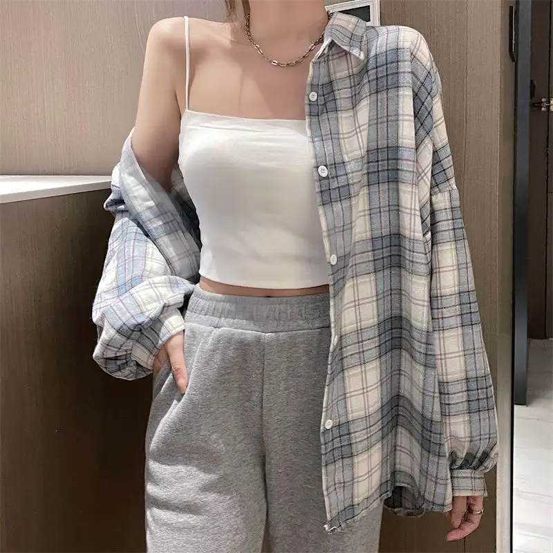 Women Retro Plaid Shirts Turn Down Collar Long Lantern Sleeve Loose Shirt Mid Length Autumn Harajuku Outwear Tops Blusas Mujer