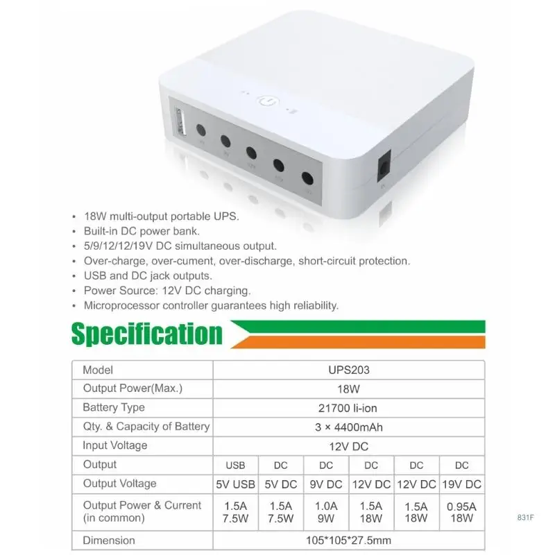 Imagem -06 - Fonte de Alimentação Ininterrupta Bateria Ups Unidade de Backup com 55x25 mm Cabo para Roteador sem Fio 3x4400mah Usb 5v 9v 12v 19v