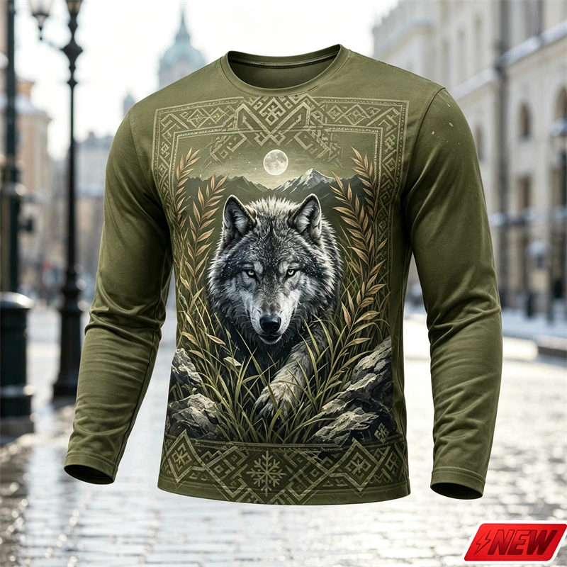 Men Long Sleeve T Shirt 3d Print Cool Snow Wolf Ice Forest Geometric Graphic Round Neck Tee Wild Animal Street Casual Tops