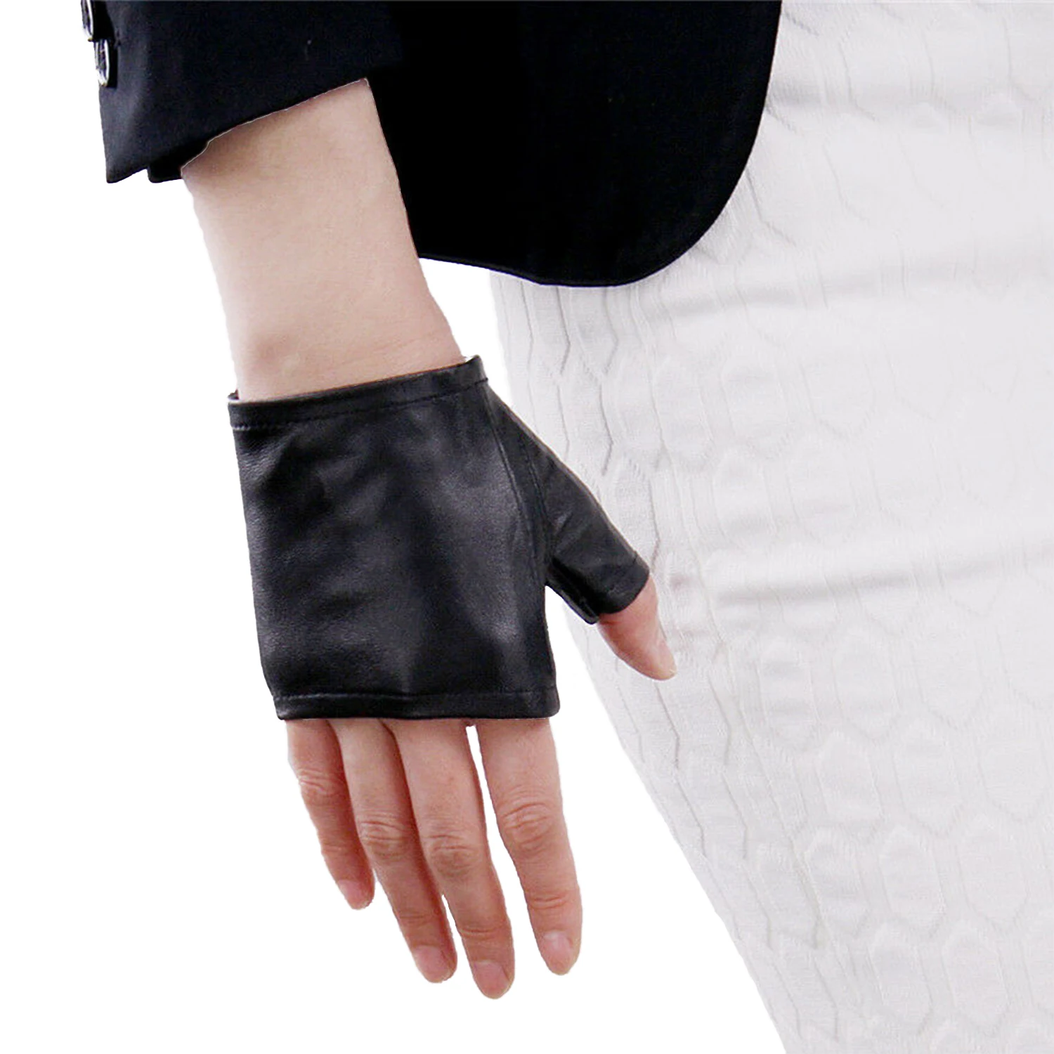 

DooWay Women Real Leather Fingerless Short Mittens Fingerless Gloves Black Lamb Sheepskin Wristlet Outdoor Cycling Driving Glove