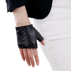 DooWay Women Real Leather Fingerless Short Mittens Fingerless Gloves Black Lamb Sheepskin Wristlet Outdoor Cycling Driving Glove