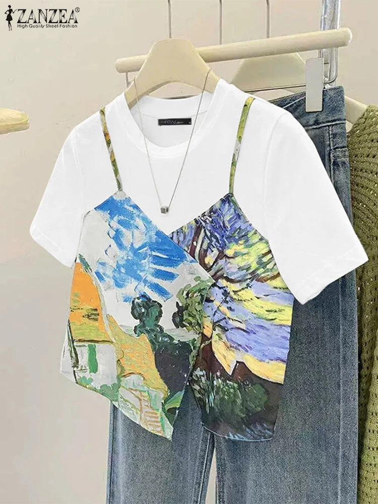 

ZANZEA Women Faux Two-Piece T-Shirts Summer Layered Design Printing O-Neck Short Sleeve Tees Korean Fashion Woman Clothes S-3XL
