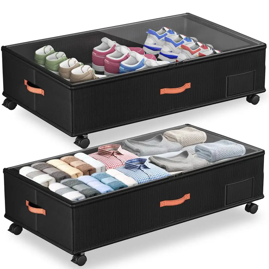 Bed Storage with Wheels,2Pack Under Bed Storage Containers with Clear Lids,XXL Large Under the Bed Storage Organizer Bins With H