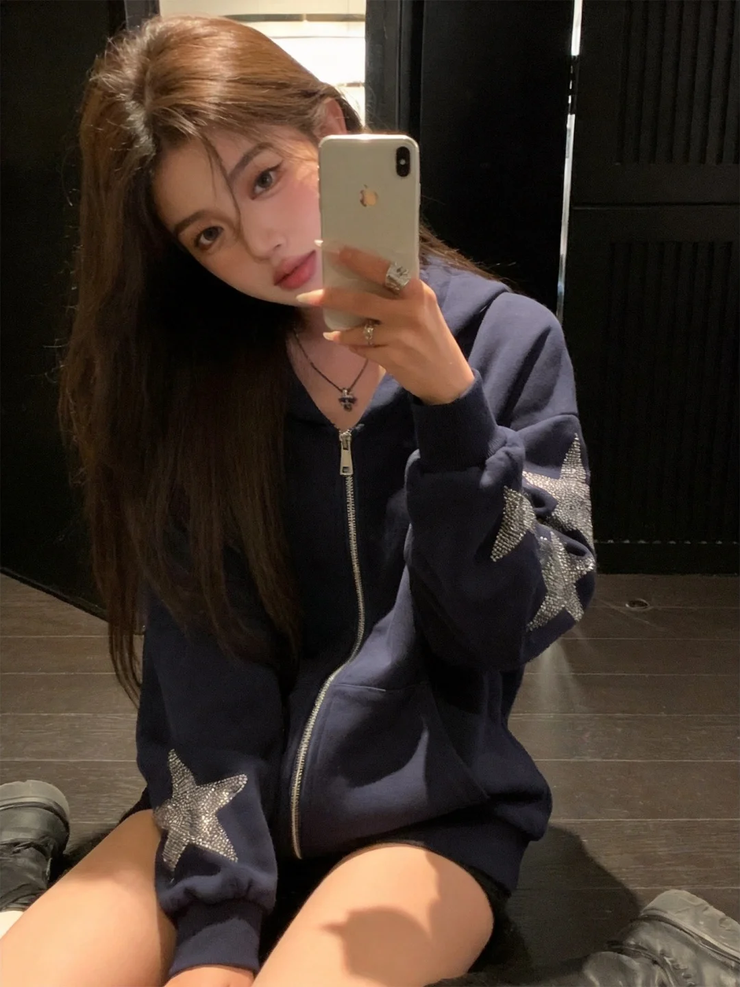 American Style Loose Fit Long Sleeve Zipper Hoodie Women's Thin Star Rhinestone Print Casual Outerwear Autumn Season