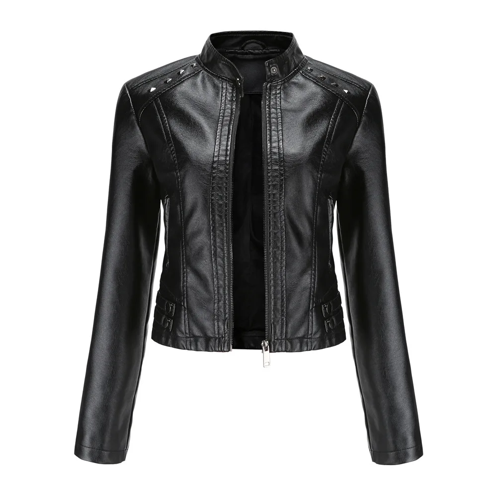 2024 Women's new rivet leather jacket spring and autumn jacket long-sleeved women's jacket stand collar fashion jacket S-4XL