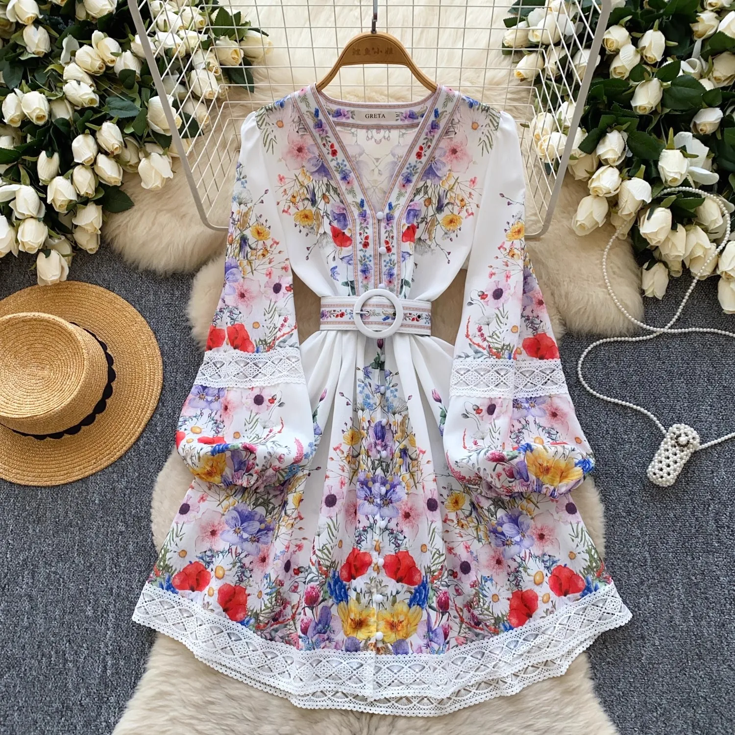 

2025 Summer Lace Splice Gorgeous Flower Mini Dress Holiday Women Lantern Sleeve V-Neck Single Breasted Belt Short Party Vestidos