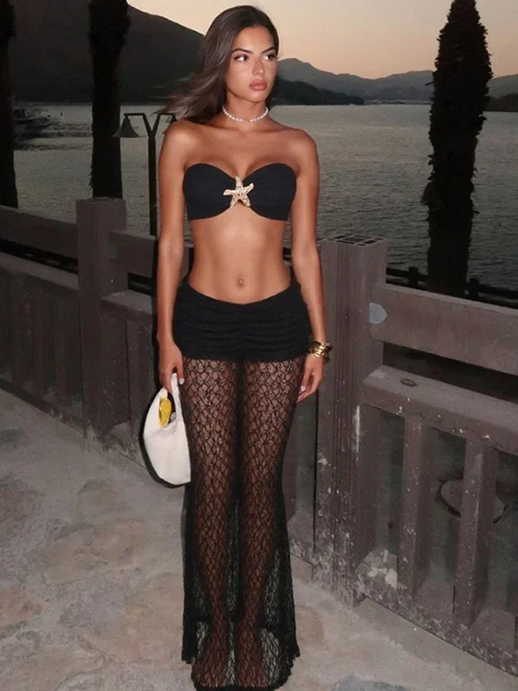 

Роскошный ажурный курортный комплект в виде морской звезды, комплект из двух предметов, купальник, купальник из двух частей с юбкой, женский комплект с кружевной макси-юбкой, новинка 2023 г.