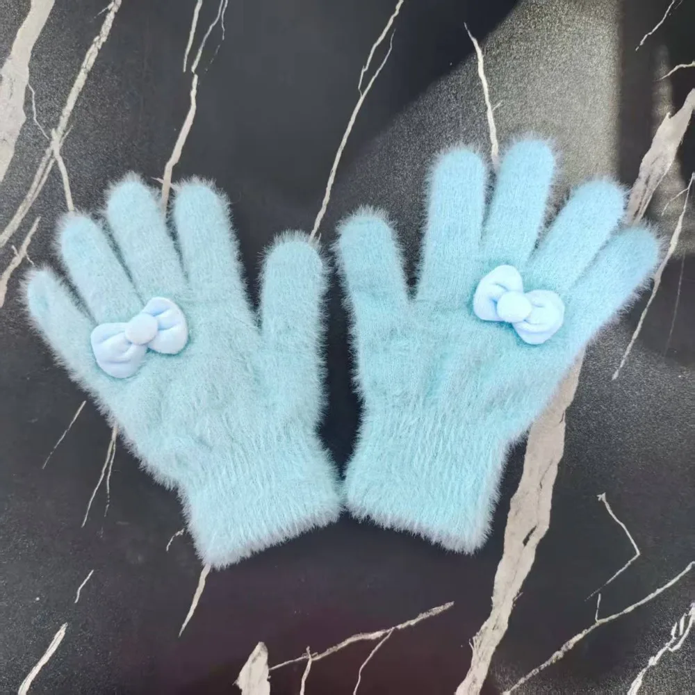 

Теплые меховые перчатки с бантом, утолщенные морозостойкие перчатки с пятью пальцами, дышащие однотонные перчатки с длинными пальцами для мужчин и женщин