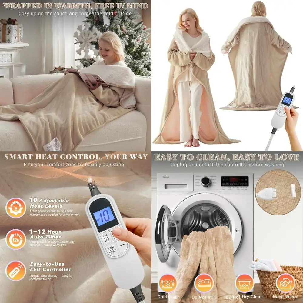 

Wearable Electric Blanket with Foot & Sleeve Pockets, 10-Setting Heated Flannel Sherpa Throw, Auto-Off, 50x70 Beige