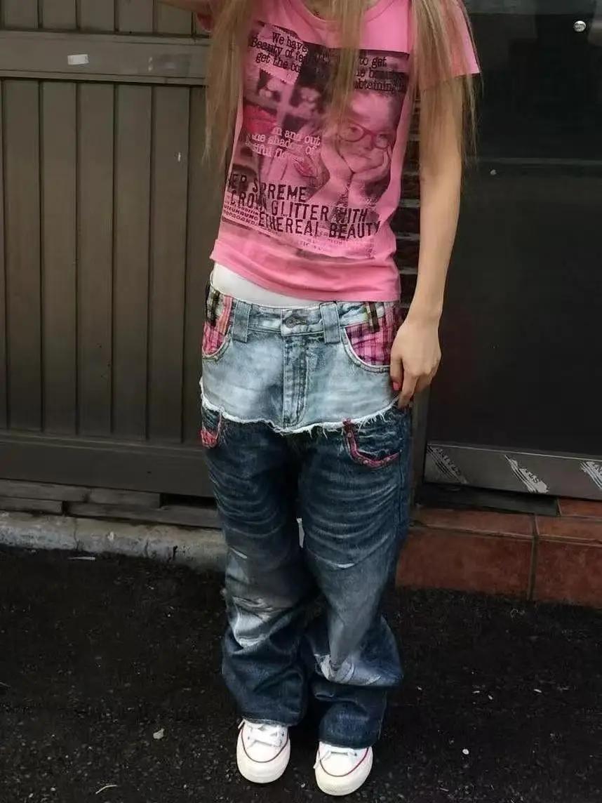 Autumn Winter Women's Baggy Jean Goblin Core Wide Fit Patchwork Denim Pants Y2K Japanese Harajuku Jean Punk Boyfriend Tide 2000s