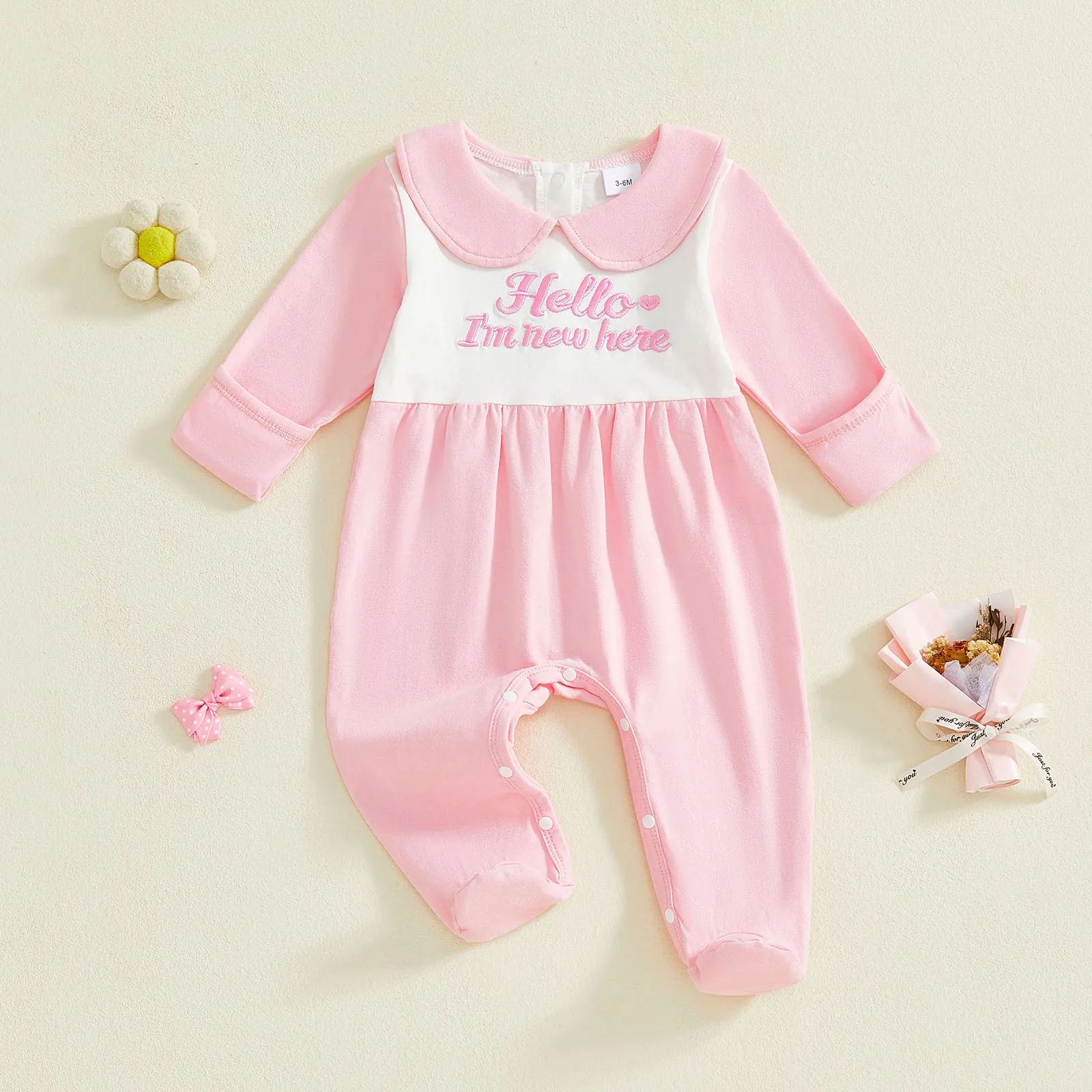 

Adorable Infant Autumn Playsuit Sweet Message Stitching Puff Sleeve Peter Pan Collar Overall with Footies