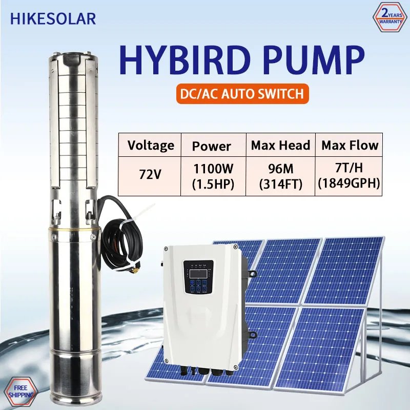 Hybrid 1.5HP Brushless deep well pump agricultural irrigation solar water pump Submersible Max Head 96m Max Flow 7T/H Model