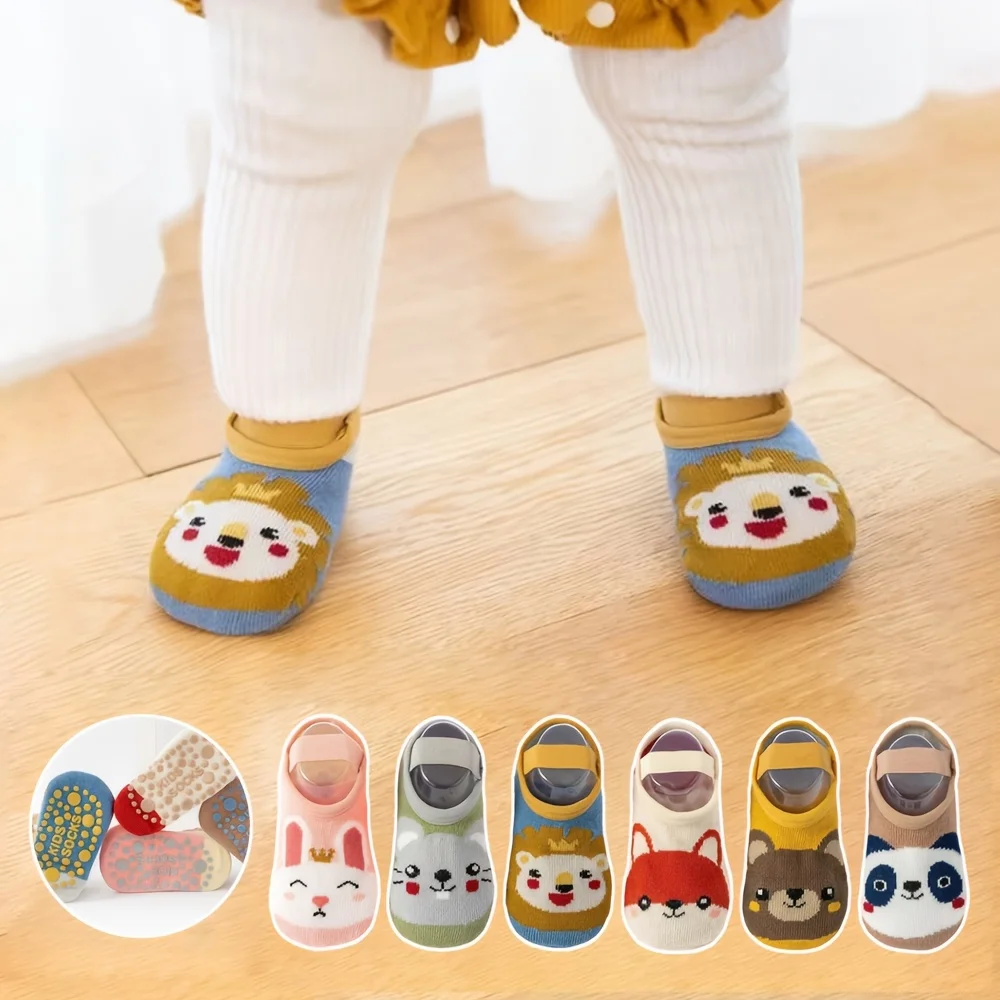 6 pairs of boys and girls' anti slip socks with cute cartoon animal patterns, comfortable and breathable baby floor socks