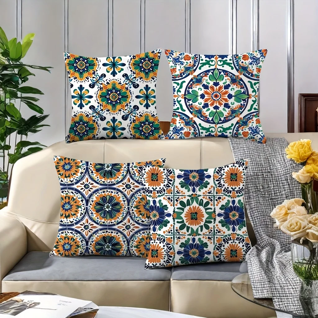 Juego  4 Fundas  Almohada, Fundas  Almohada con Estampado Floral Bohemio Blanco, Decoración l Hogar, 45.01 X 45.01 cm -