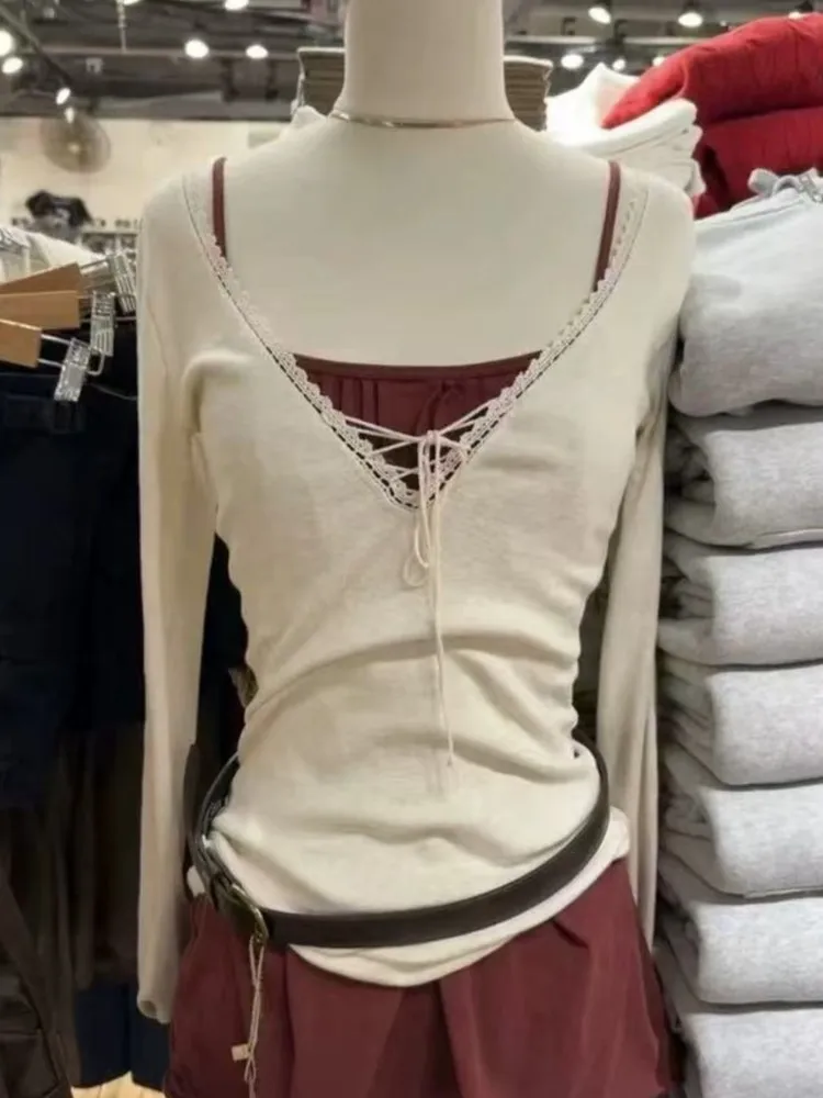 البيج الدانتيل تقليم كم طويل تيز المرأة الخريف جديد الشارع الشهير القطن سليم مثير الخامس الرقبة الدانتيل متابعة القمم الحلو بسيط شيك تي شيرت Y2K