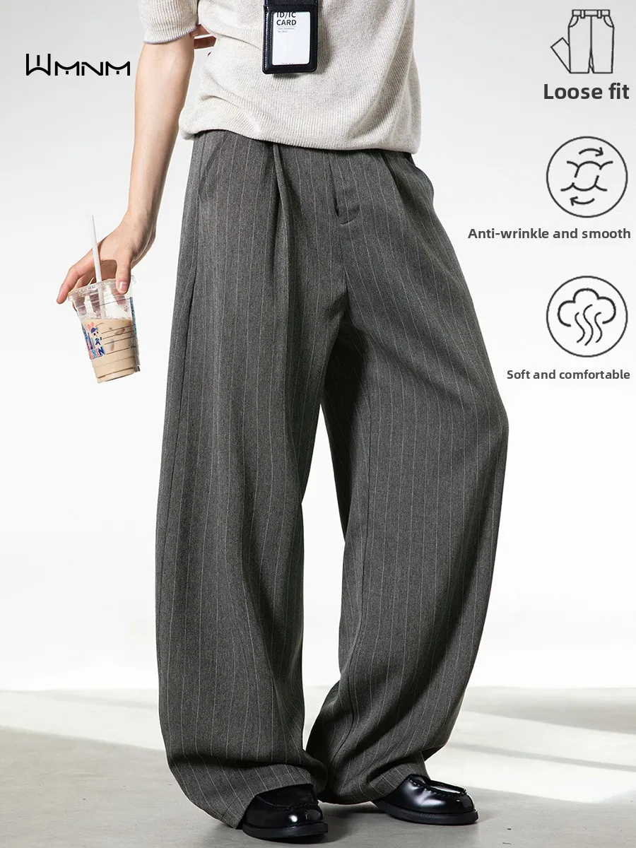 

Men's Casual Wide Leg Pants ey Stripe Pleated Thi Autumn Winter Loose Fit Comfortable Casual Long Trousers