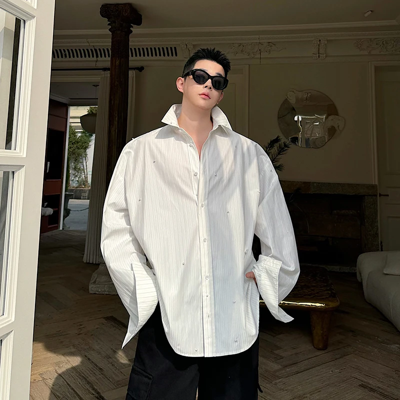 

Мужская рубашка оверсайз в полоску с длинным рукавом, верхняя одежда для пар, повседневная модная молодежная рубашка свободного кроя с белыми полосками