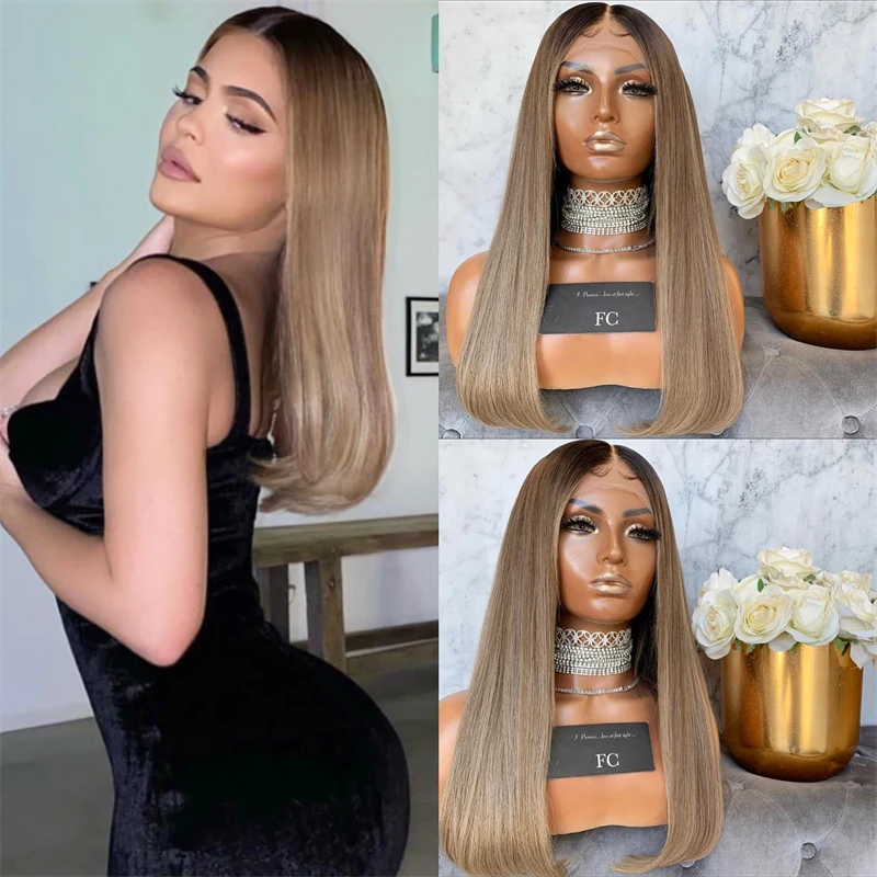 

Human Hair Lace Frontal Wigs Straight Women Wig Ash Brown Blonde 13x4 Bleached Knots Medium Lengths Glueless