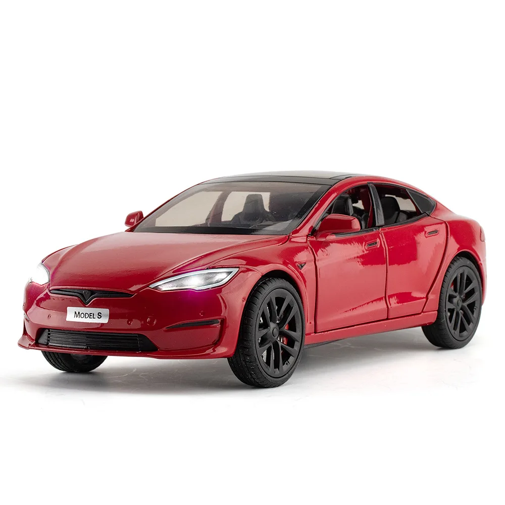 Metal Alloy Diecast Toy Car para crianças, 1:24 Tesla Model S, luz e som, colecionáveis, presentes de aniversário, F593