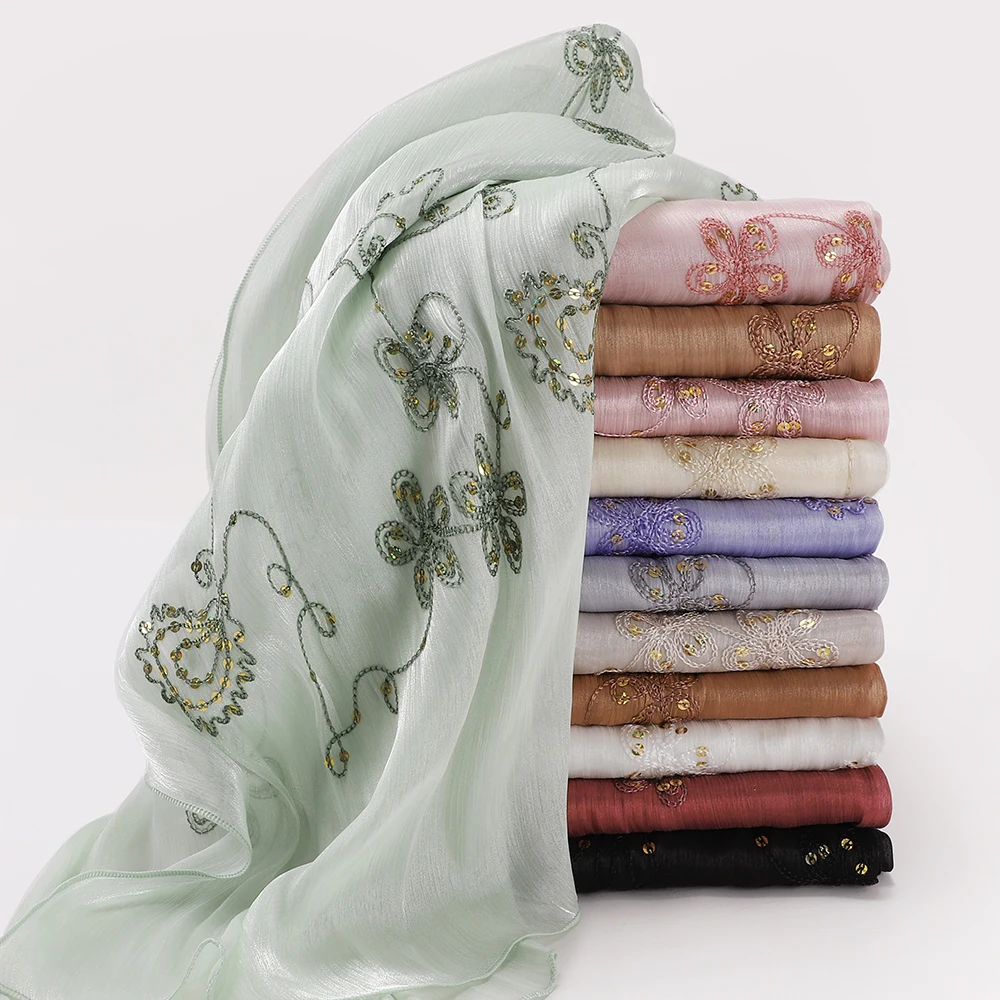 Embroidery Pashmina - Elegancki haftowany, brokatowy, błyszczący hidżab, plisowany
