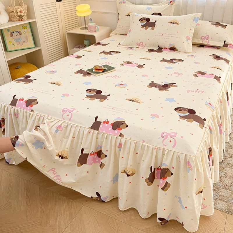 pure-cotton-bed-skirt-with-lace-single-piece-cartoon-korean-style-bed-cover-three-piece-set-universal-for-all-seasons