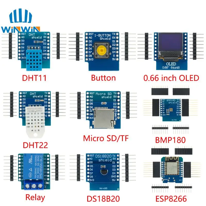 ESP8266 D1 Mini Pro WiFi Макетная плата NodeMcu WS2812 RGB DHT11 DHT22 AM2302 Реле DS18B20 BMP180 Двигатель для WeMos DIY Kit