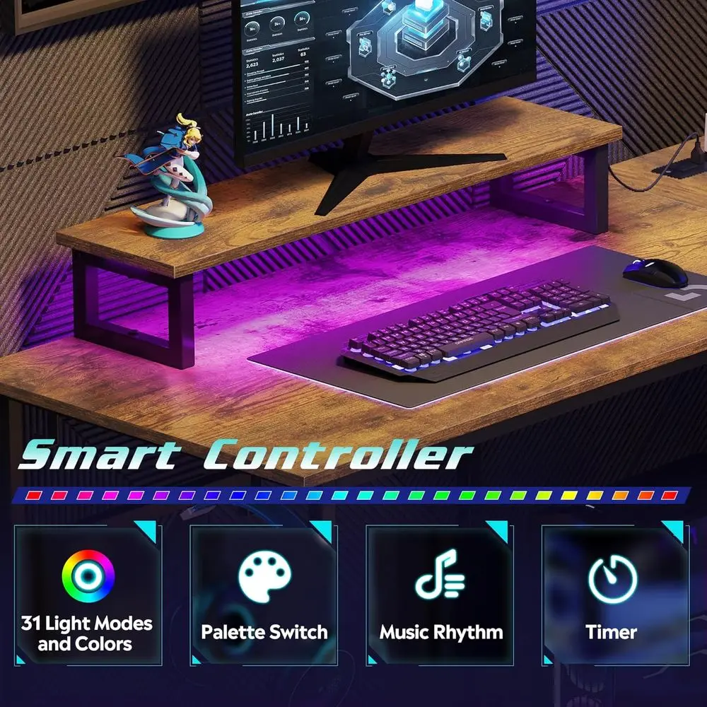 مكتب ألعاب على شكل حرف L بني ريفي مع مصابيح LED ومنافذ طاقة، مكتب زاوية مدمج للمكتب المنزلي مع مساحة تخزين