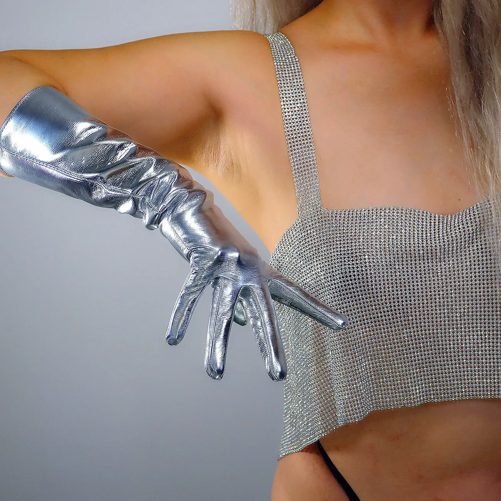 

Женские перчатки DooWay из лакированной кожи, серебристые, с эффектом металлик, зеркальные, до локтя, из искусственной латексной кожи, для косплея, вечерних мероприятий и оперных постановок