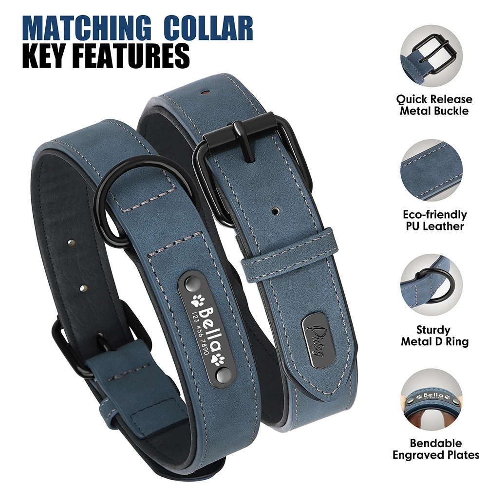 Personalisiertes PU-Leder-Hundehalsband-Leinen-Set, weich gepolsterte Hundehalsbänder, gravierte Haustier-ID-Halskette mit Leine für kleine große Hunde, Mops – Detail 11