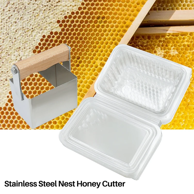 Beekeeping Bee Honey Cutter Stainless Steel Bee Comb Honey Cutting with Wooden Handle Tool and 10Pcs Honeycomb Square Box