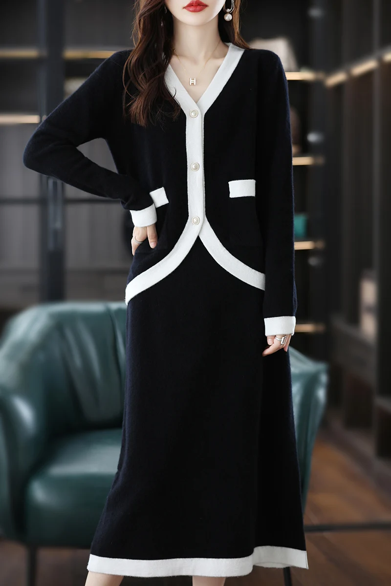 

Fashion 100% Merino Wool V-Neck Buttoned Suit Wool Dress Long Sleeves Women Clothing Comfort Solid Colorsuit Casual Leisure