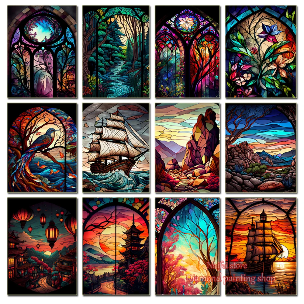 

Stained Glass Birds Flower Diamond Painting Boat Picture Fantasy Church of Seasons Embroidery Mosaic Cross Stitch Home Decor