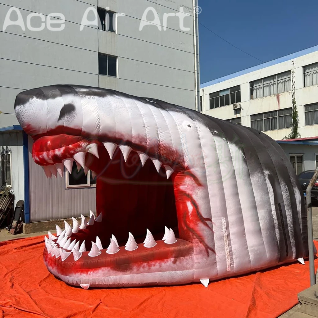Inflatable Shark Mouth Arch Tunnel Cartoon Model Blow up Air Shark Entrance Tent for Halloween Events Party Ocean Theme Decor