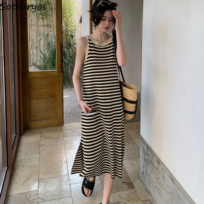 Vestidos básicos a rayas para mujer, Vintage, combina con todo, estilo coreano seductor, informal, tierno, estético, sencillo, encantador, acogedor para uso diario