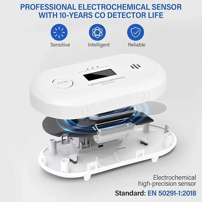 Alarma de monóxido de carbono con pantalla LCD digital, detector de monóxido de carbono con batería CR123A reemplazable, CE, VC22R, paquete de 2